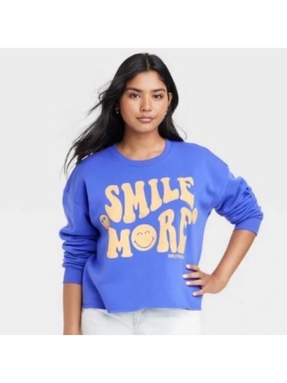NWOT Smiley world cornflower blue oversized cutoff sweatshirt